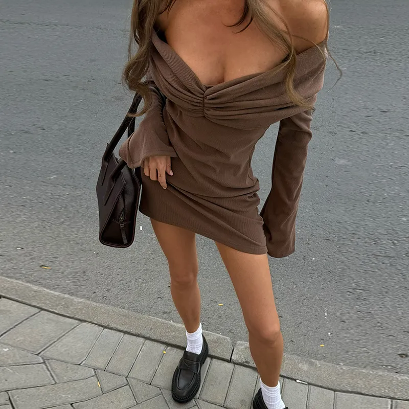Chic Slim-Fit Pleated Off-Shoulder Dress 🤎 - Image 5