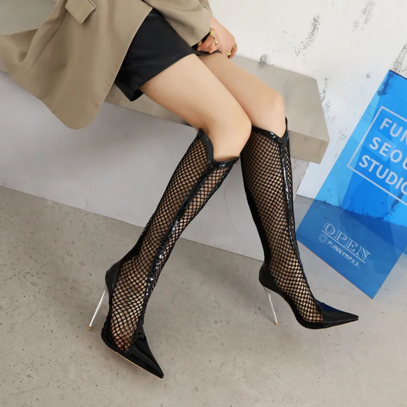 Elevate Your Style with LuxeStride™ Mesh Panel Back-Zip Stiletto Boots - Image 2