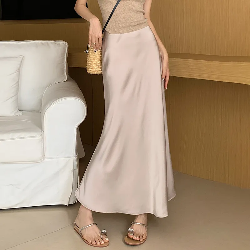 French-Style Vintage Satin Fishtail Skirt – Elegant A-Line Sheath Long Skirt for Women - Image 3