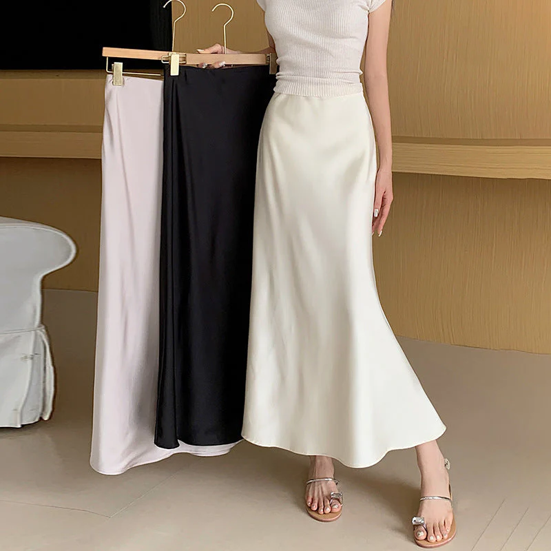 French-Style Vintage Satin Fishtail Skirt – Elegant A-Line Sheath Long Skirt for Women - Image 4