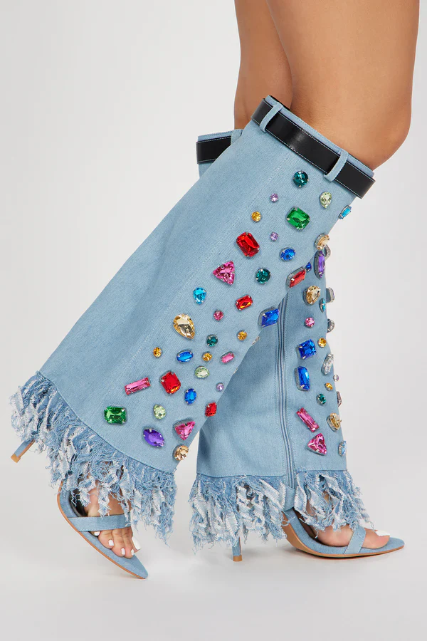 Knee High Blue Denim Crystal Sandal Boots - Image 3