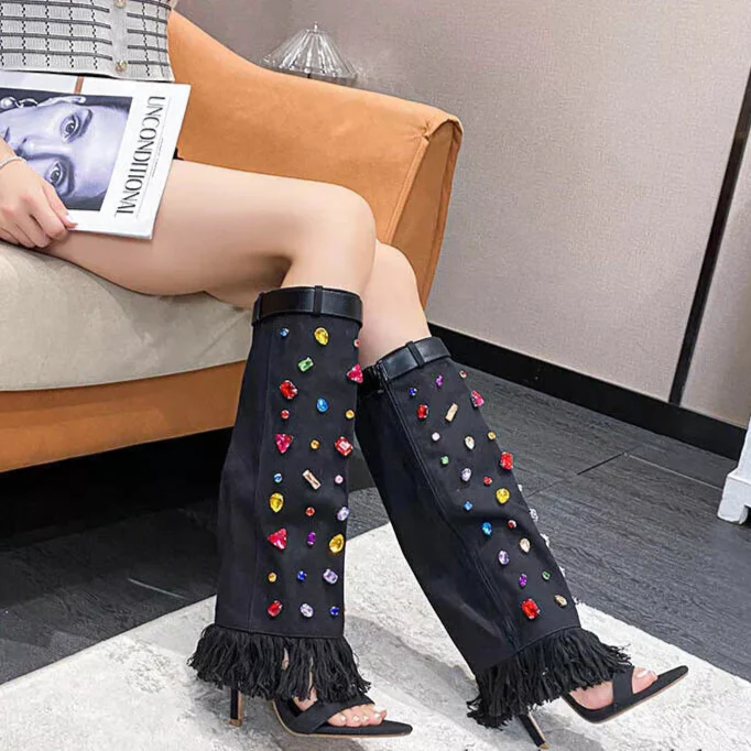 Knee High Blue Denim Crystal Sandal Boots - Image 5