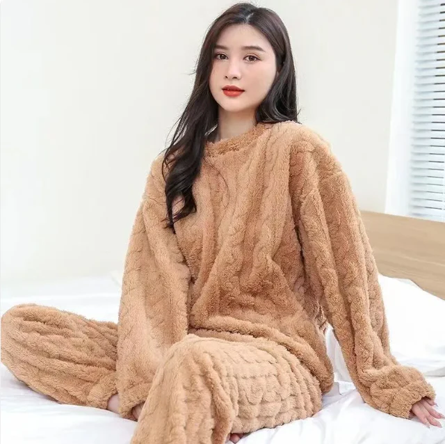 Pure Color Jacquard Cotton Velvet Warm Suit Pajamas - Image 4