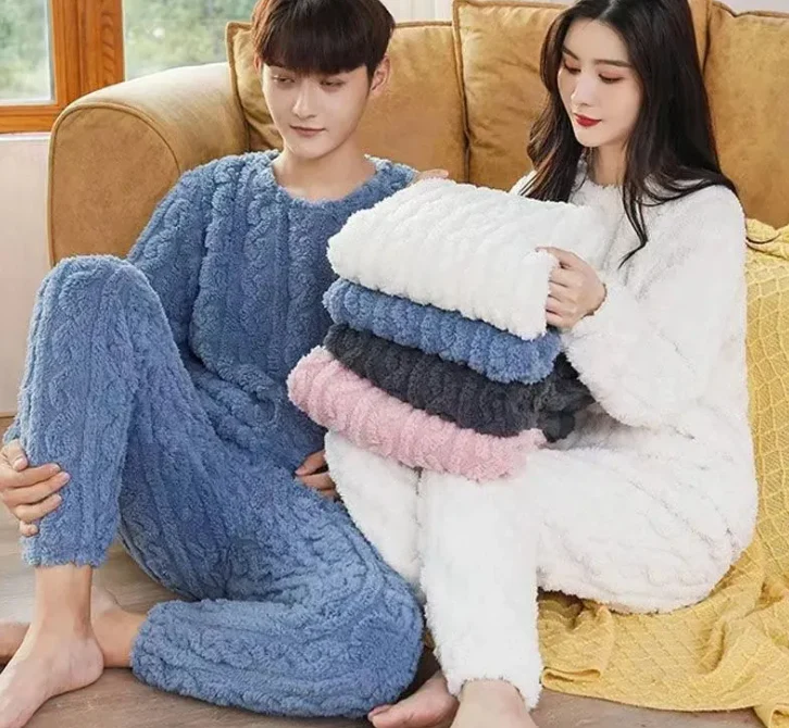 Pure Color Jacquard Cotton Velvet Warm Suit Pajamas - Image 5