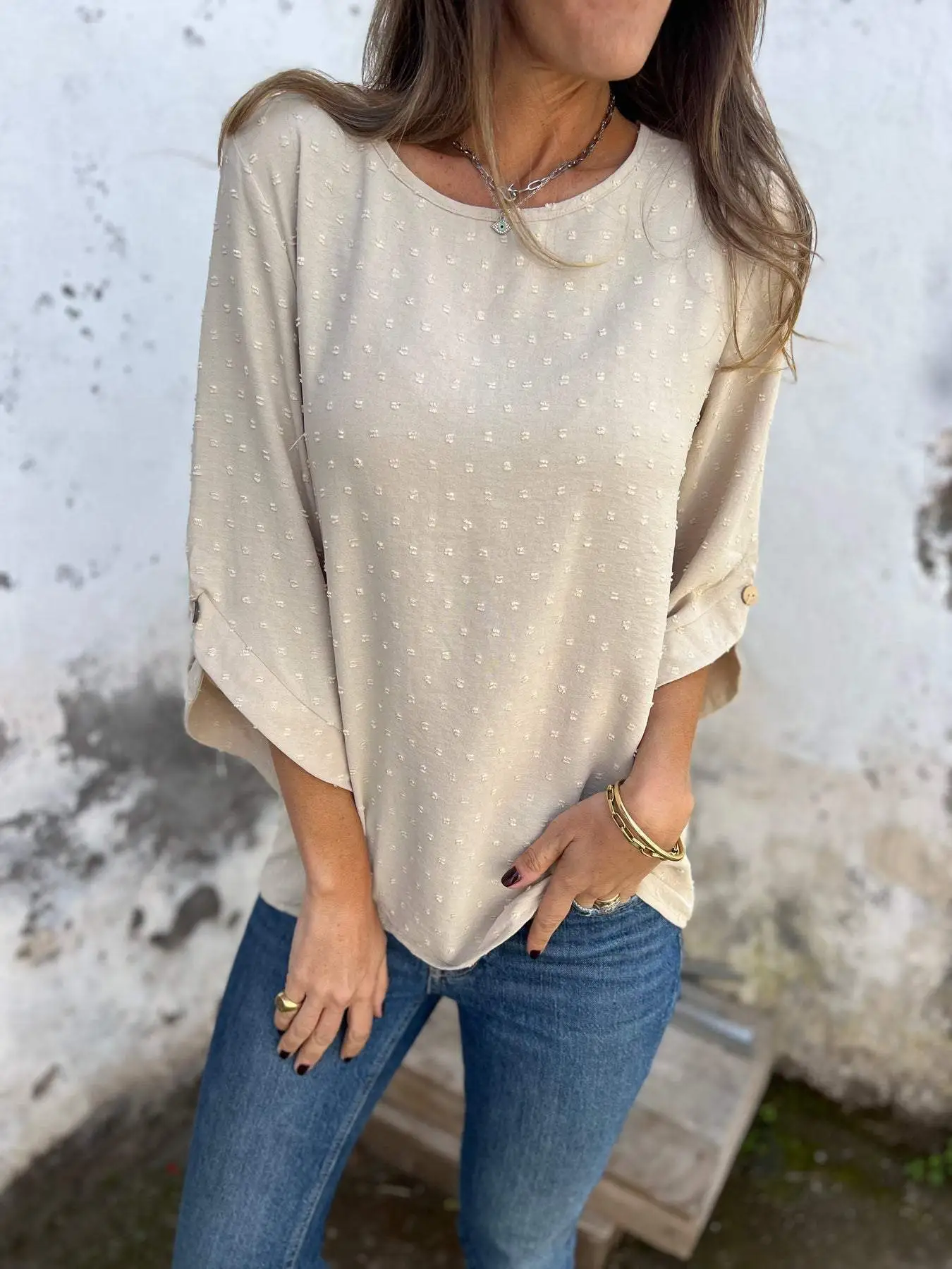 Round Neck Embroidered Large Cuffs Casual Shirt - Image 2