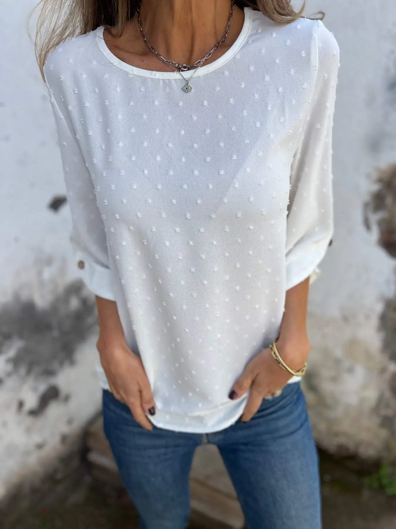 Round Neck Embroidered Large Cuffs Casual Shirt - Image 4