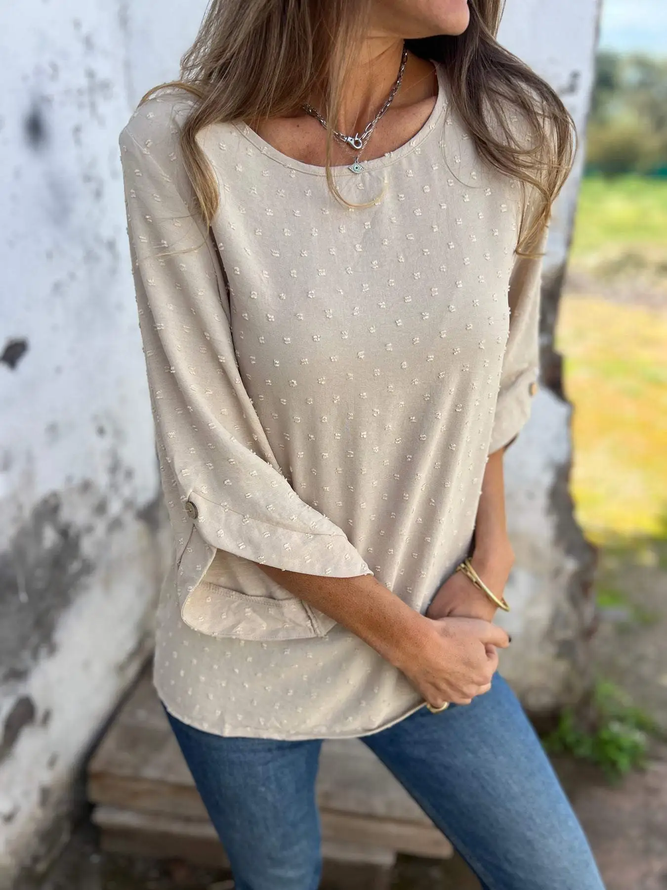 Round Neck Embroidered Large Cuffs Casual Shirt - Image 5