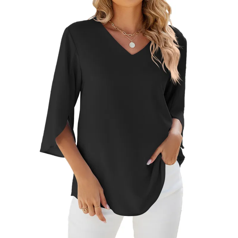V-neck Half Sleeves Loose Chiffon Blouse Top - Image 2