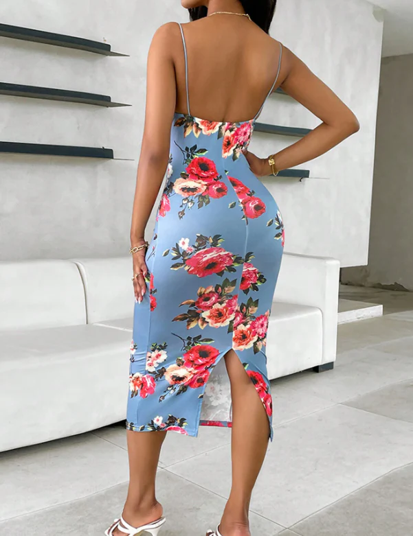 Women Lace Trim Spaghetti Strap Floral Print Bodycon Dress - Image 3