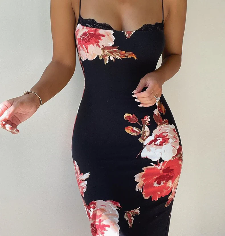 Women Lace Trim Spaghetti Strap Floral Print Bodycon Dress - Image 6