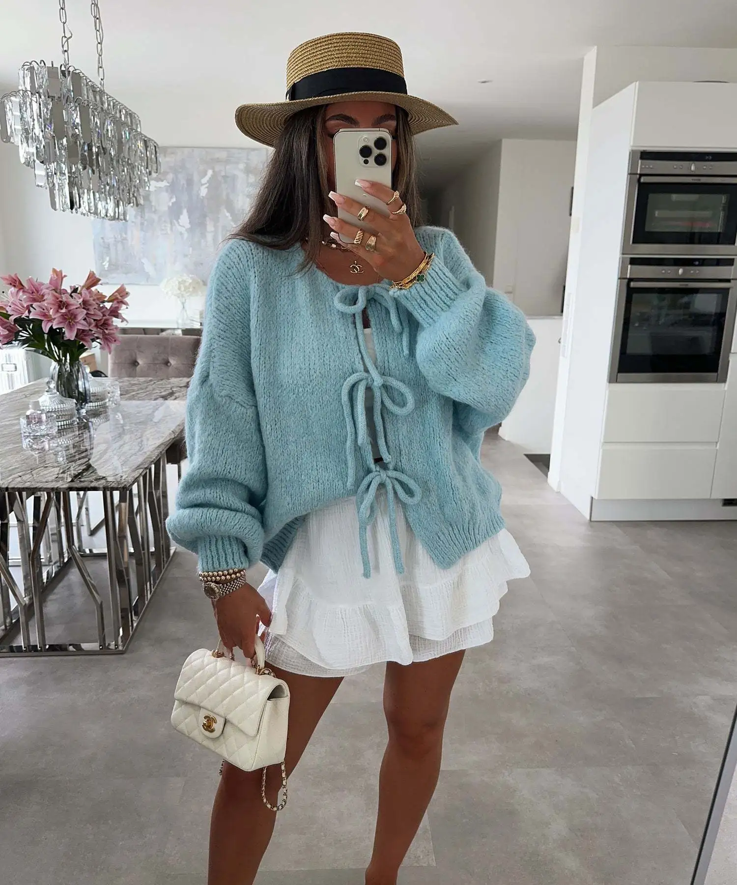 Women's Casual Knitted Bow Lace-Up Cardigan – Slim-Fit Hollow Out Pullover Sweater - Image 5