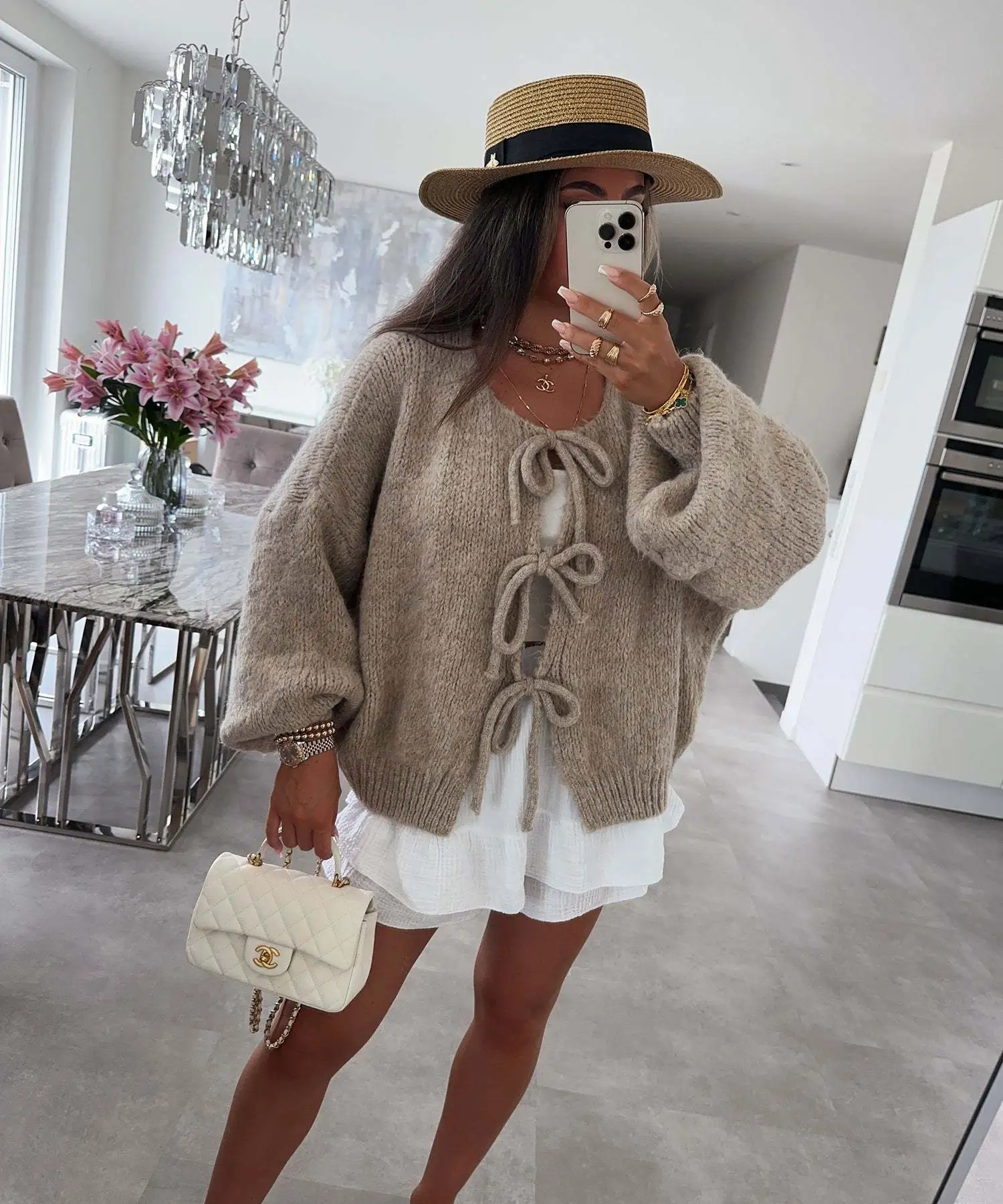 Women's Casual Knitted Bow Lace-Up Cardigan – Slim-Fit Hollow Out Pullover Sweater - Image 9