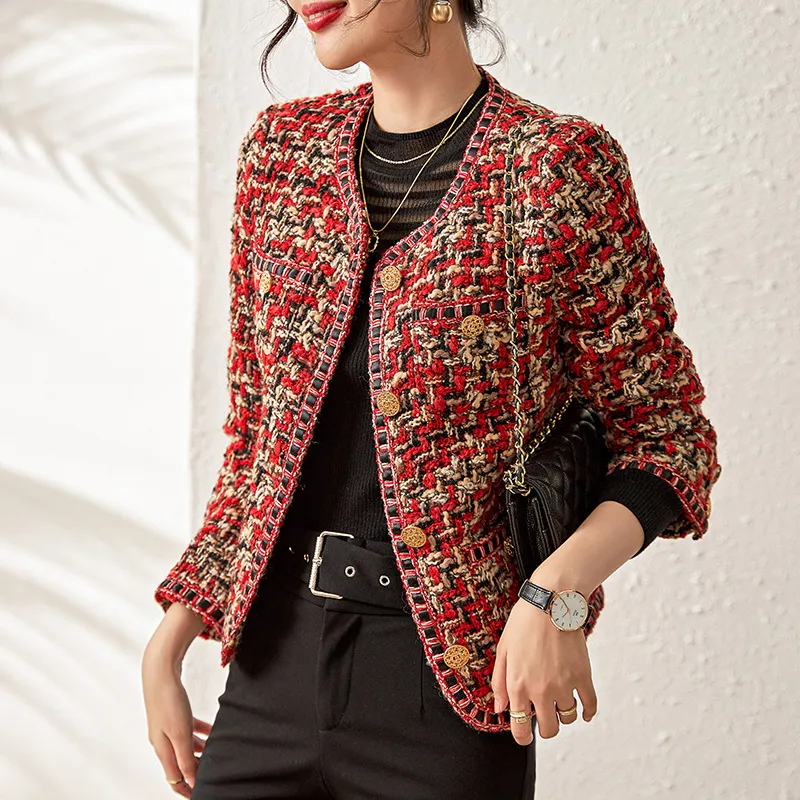 Women's Celebrity-Style Red Tweed Short Jacket – Elegant Round Neck Design for Chic Outfits - Image 2
