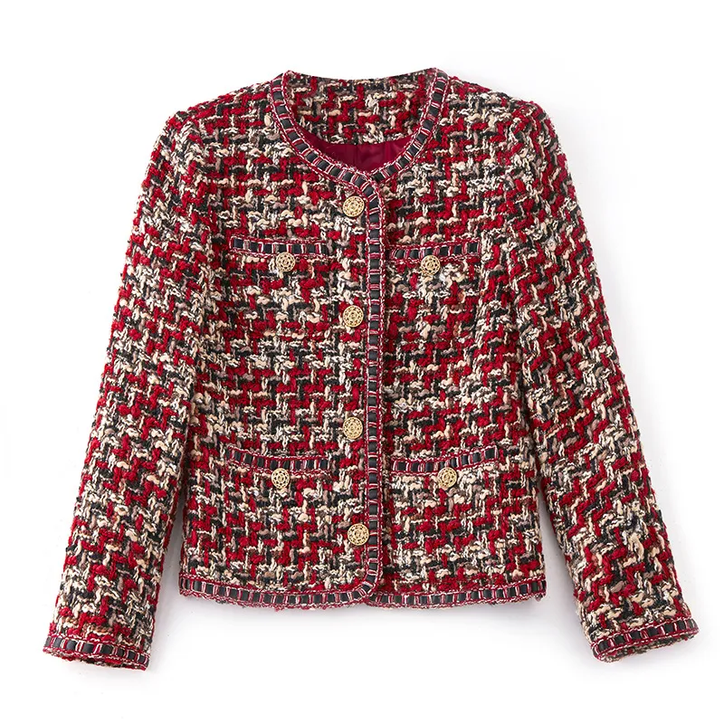 Women's Celebrity-Style Red Tweed Short Jacket – Elegant Round Neck Design for Chic Outfits - Image 3