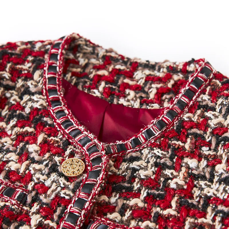 Women's Celebrity-Style Red Tweed Short Jacket – Elegant Round Neck Design for Chic Outfits - Image 4