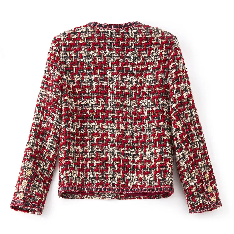 Women's Celebrity-Style Red Tweed Short Jacket – Elegant Round Neck Design for Chic Outfits - Image 5