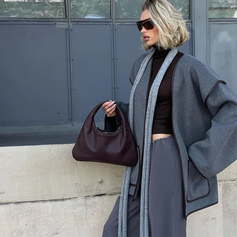 Women's Elegant Retro Gray Short Belt Overcoat – Stylish Loose-Fit Jacket for Any Occasion - Image 3